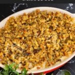 Chicken stuffing casserole in a baking dish.