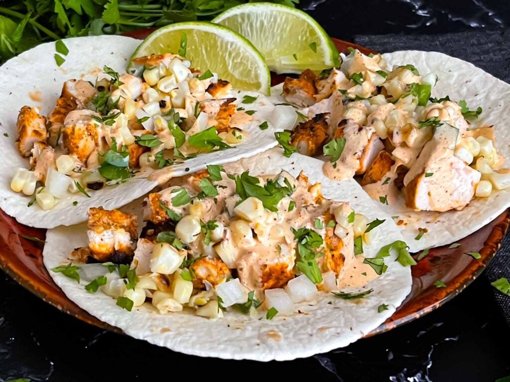 Grilled chicken tacos with a creamy southwest sauce.