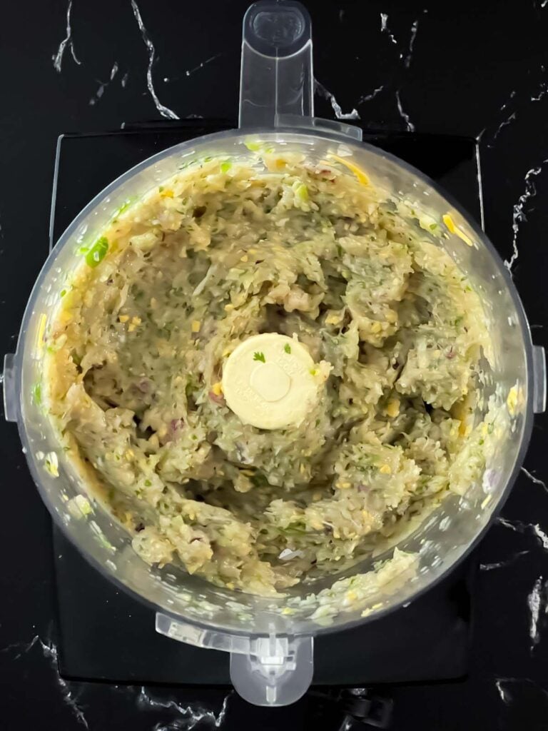 Ingredients blended together in a food processor.