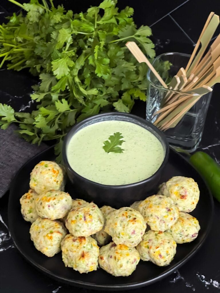 Chicken Jalapeno Meatballs on a dark plate.
