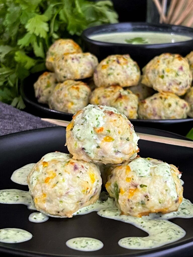 Chicken Jalapeno Meatballs on a dark plate.