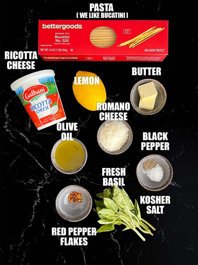 Ingredients needed to make a Lemon Ricotta Pasta dish.