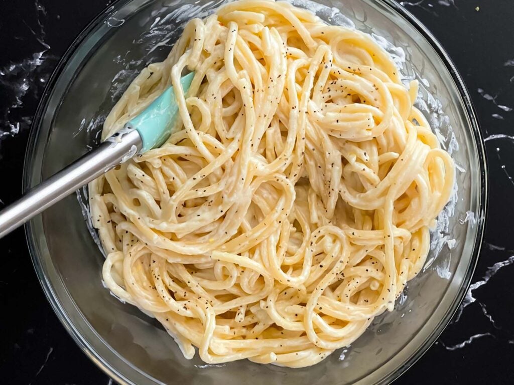 Pasta in a glass bowl.