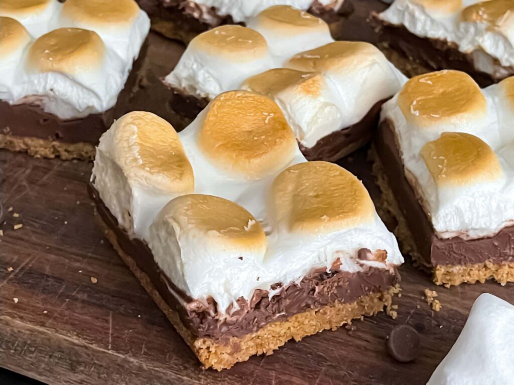 S'mores bars on a cutting board.