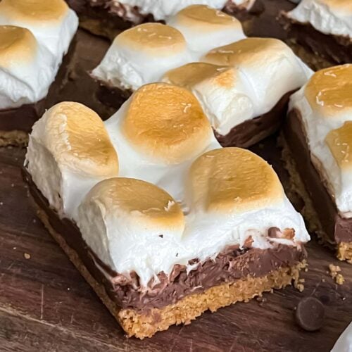 S'mores bars on a cutting board.