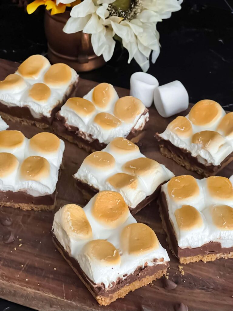 S'mores bars on a cutting board.