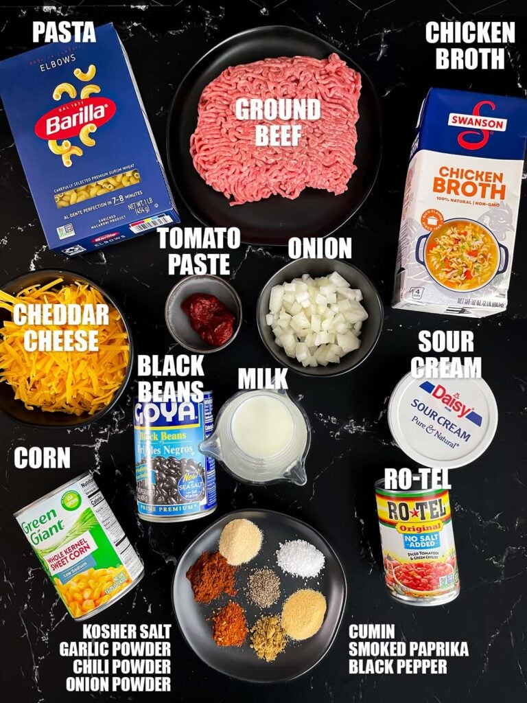 Ingredients needed to make Taco pasta skillet.