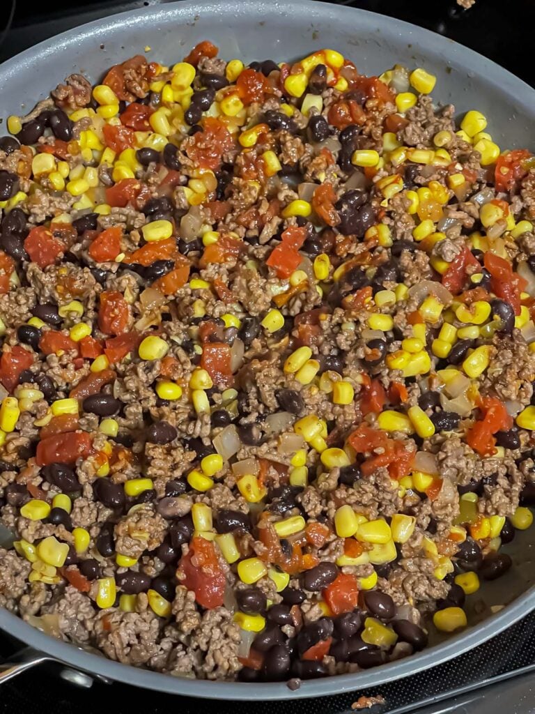Taco pasta skillet cooking.
