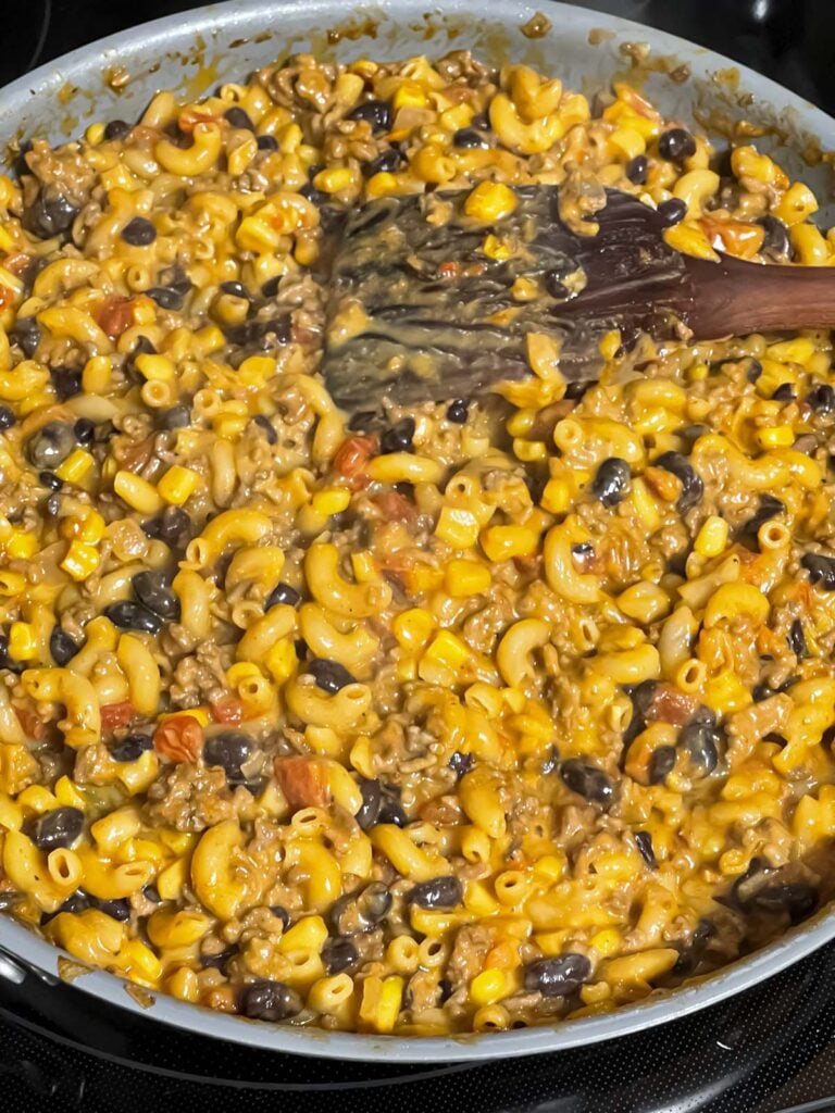Taco pasta skillet on the stovetop.