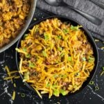 Taco pasta skillet dinner in a dark bowl.