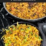 Taco pasta skillet dinner in a dark bowl.