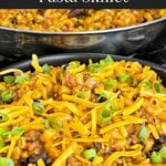 Taco pasta skillet dinner in a dark bowl.