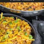 Taco pasta skillet dinner in a dark bowl.