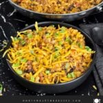 Taco pasta skillet dinner in a dark bowl.
