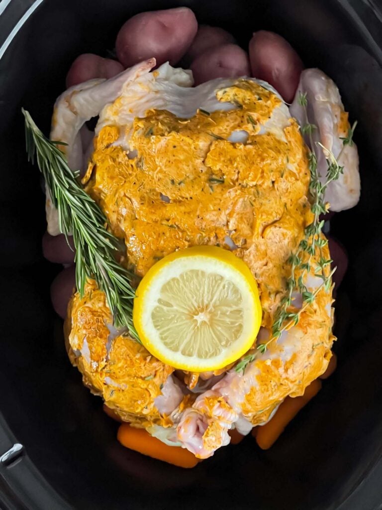 All raw prepped ingredients for slow cooker lemon herb whole chicken in the crock.