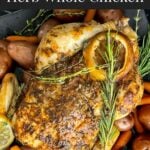 Slow cooker lemon herb whole chicken on a dark plate on a dark surface.