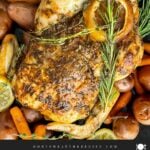 Slow cooker lemon herb whole chicken on a dark plate on a dark surface.