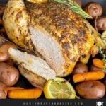 Slow cooker lemon herb whole chicken on a dark plate on a dark surface.