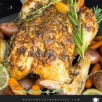 Slow cooker lemon herb whole chicken on a dark plate on a dark surface.
