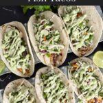 Blackened Fish Tacos on a dark background.