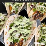 Blackened Fish Tacos on a dark background.