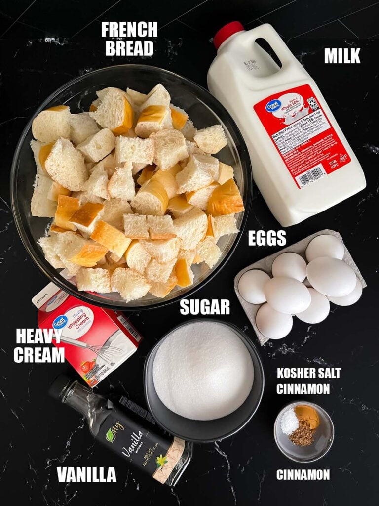 Ingredients needed to make bread pudding.