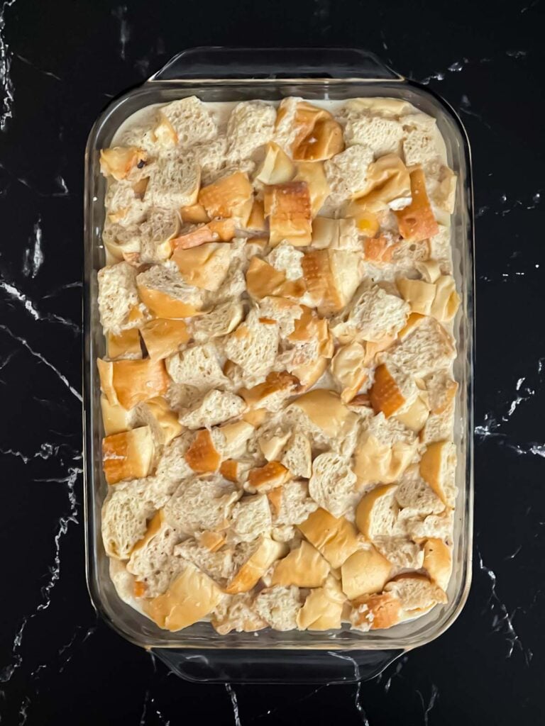Bread pudding ready to be baked.