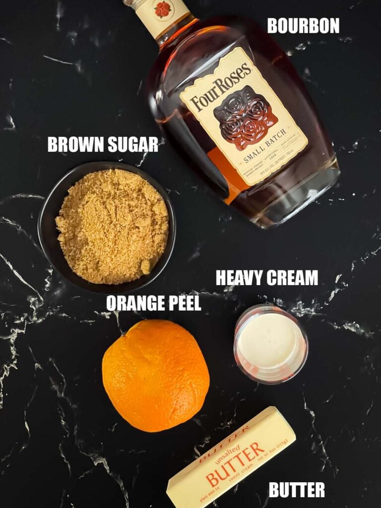 Ingredients needed to make a bourbon sauce.