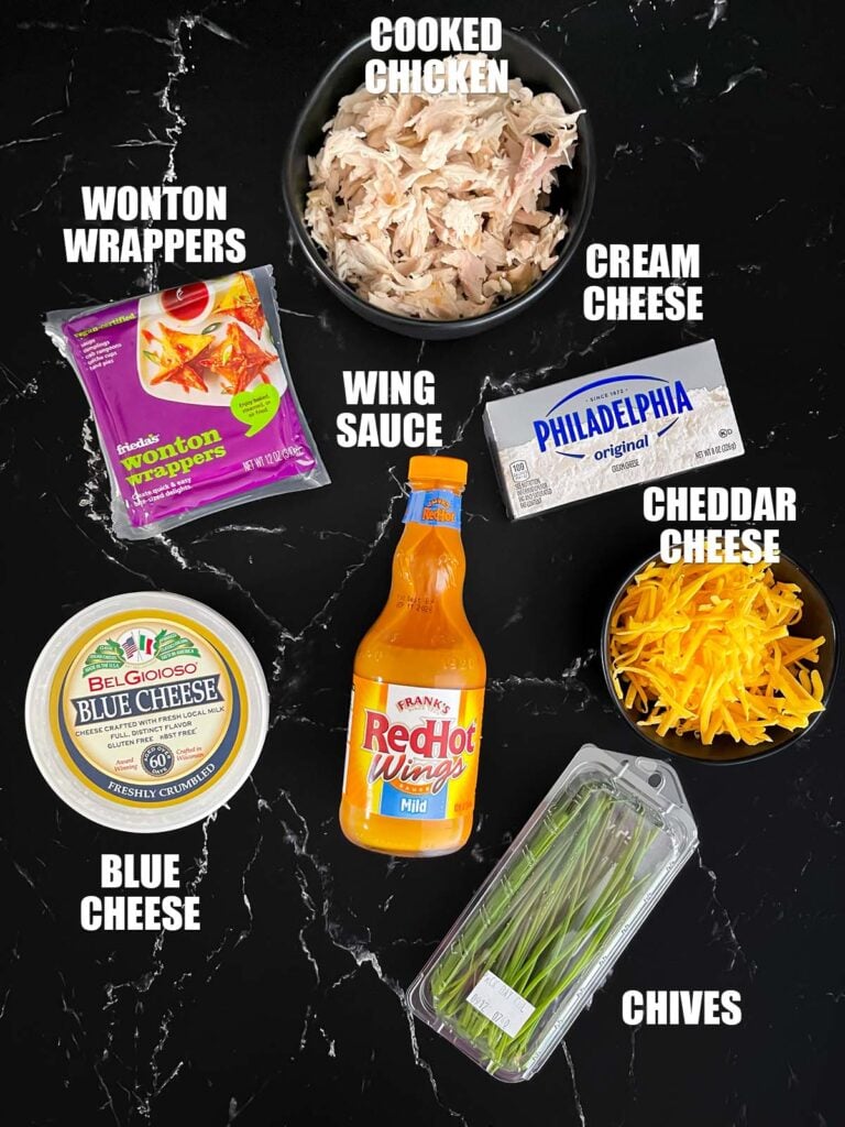 Ingredients needed for buffalo chicken wonton cups.