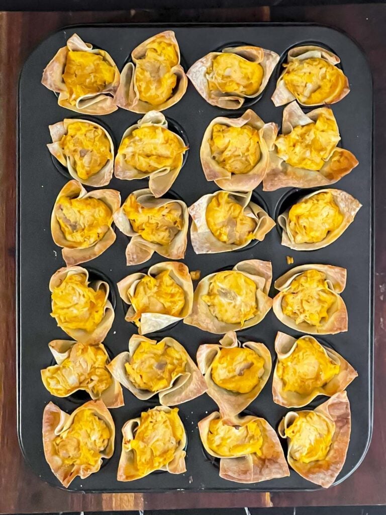 Baked Buffalo chicken wontons out of the oven.