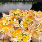Buffalo chicken wontons garnished with chives and blue cheese crumbles on a dark plate.