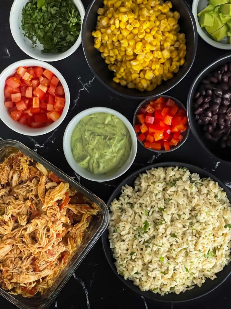 Ingredients for a chicken burrito bowl.