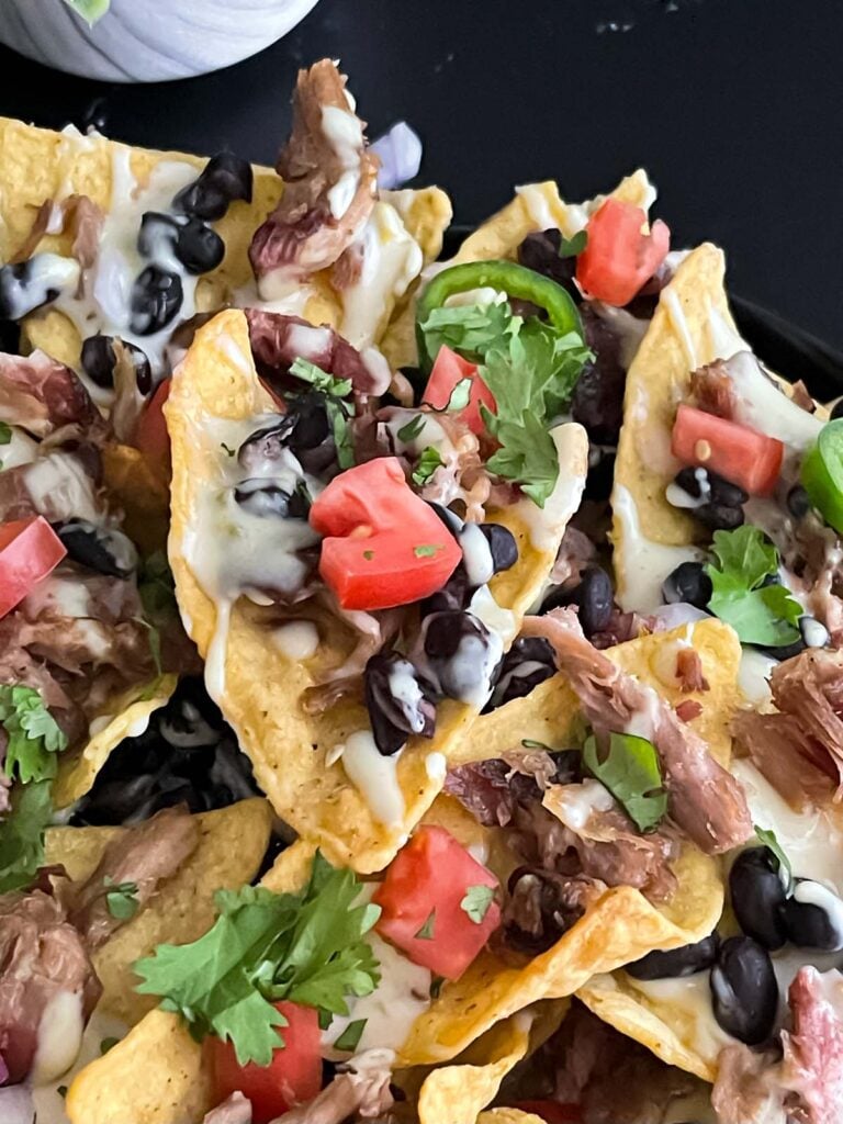 Pulled pork nachos with red onion, tomato, and jalapeno.