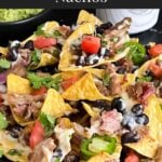 Pulled pork nachos with red onion, tomato, and jalapeno.
