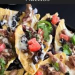 Pulled pork nachos with red onion, tomato, and jalapeno.