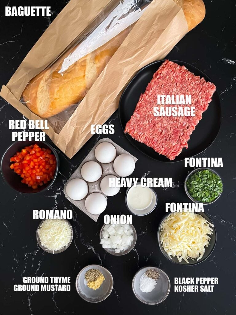 Ingredients used to make Sausage and Egg Baguette Bake.