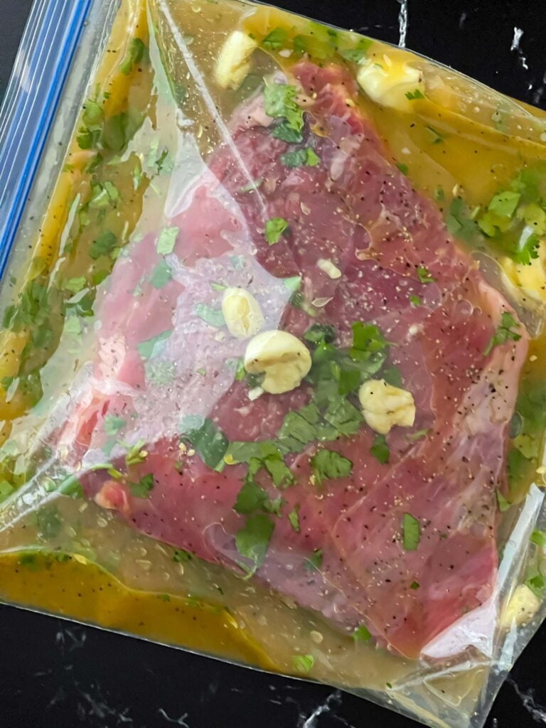 Flank steak in a marinade.