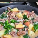 Sausage, potato and kale soup (Zuppa Toscana) in dark bowls on a dark surface.
