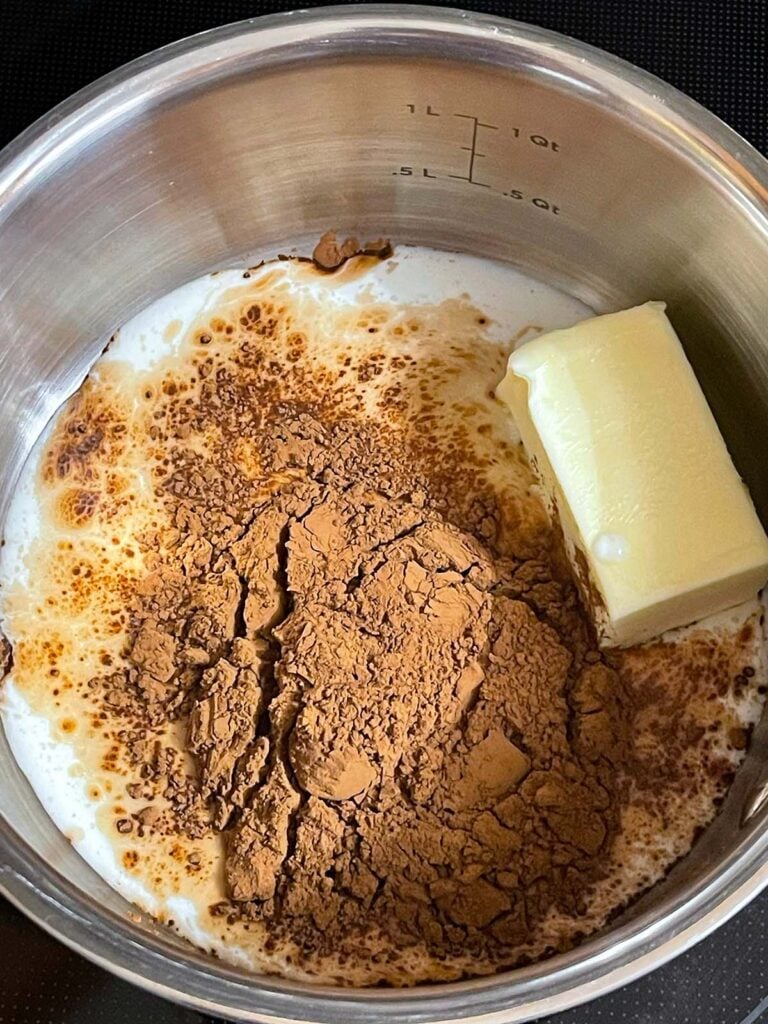 Chocolate buttermilk icing ingredients in a small saucepan.