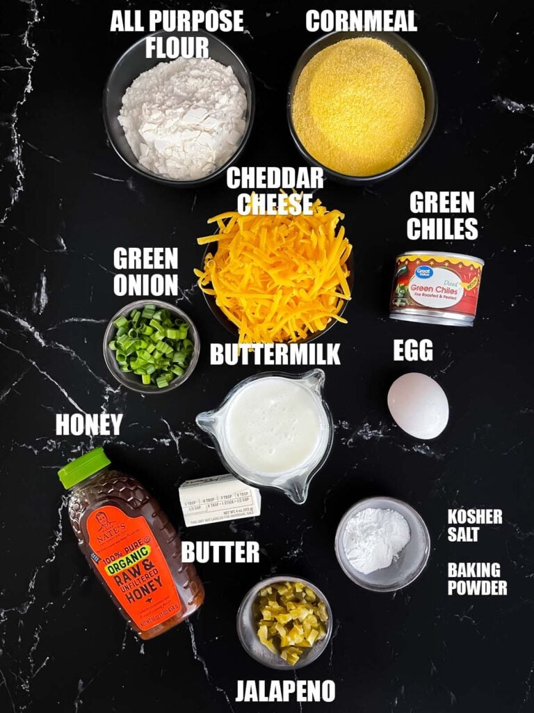 Ingredients needed to make cheddar jalapeno cornbread.