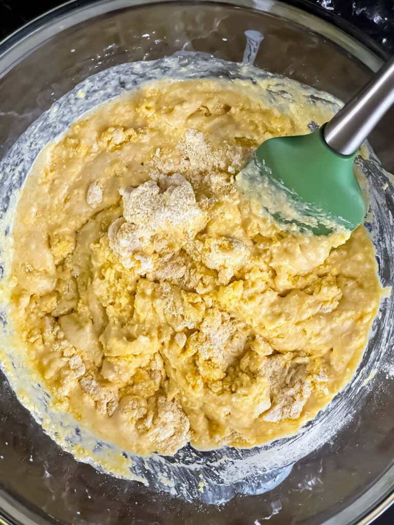 Cornbread batter in a mixing bowl.