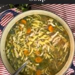 Chicken noodle soup in a dutch oven on a dark surface.