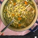 Chicken noodle soup in a dutch oven on a dark surface.