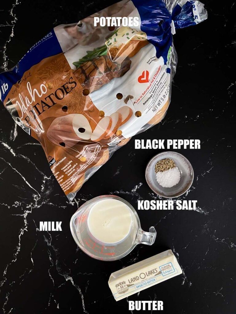 Ingredients needed to make mashed potatoes.