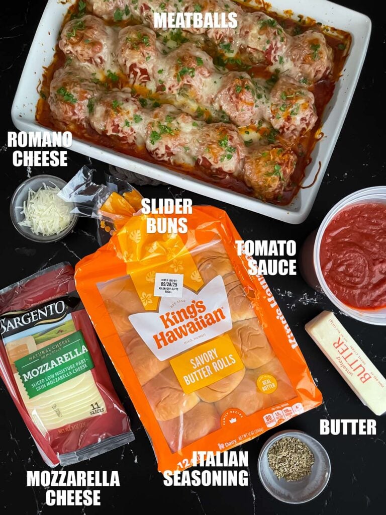 Ingredients needed to make meatball sliders.