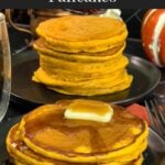 Stack of fluffy pumpkin pancakes with butter and maple syrup, golden edges on a dark plate.