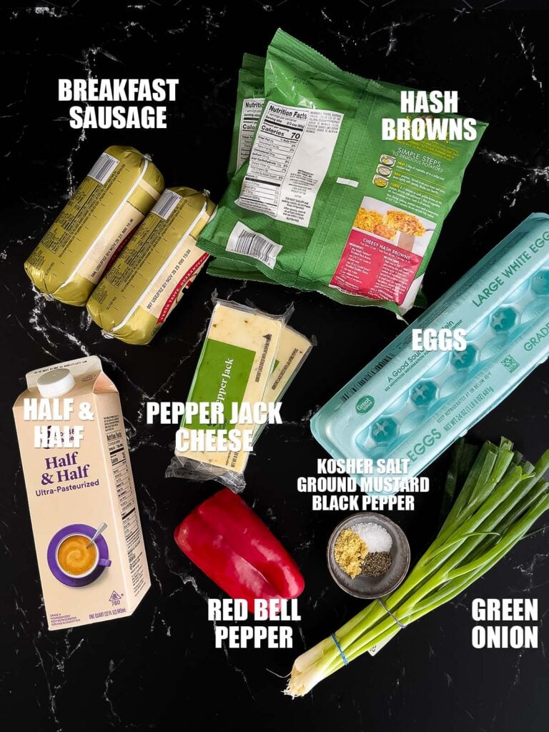 Ingredients needed to make Sausage Hashbrown Breakfast Casserole.