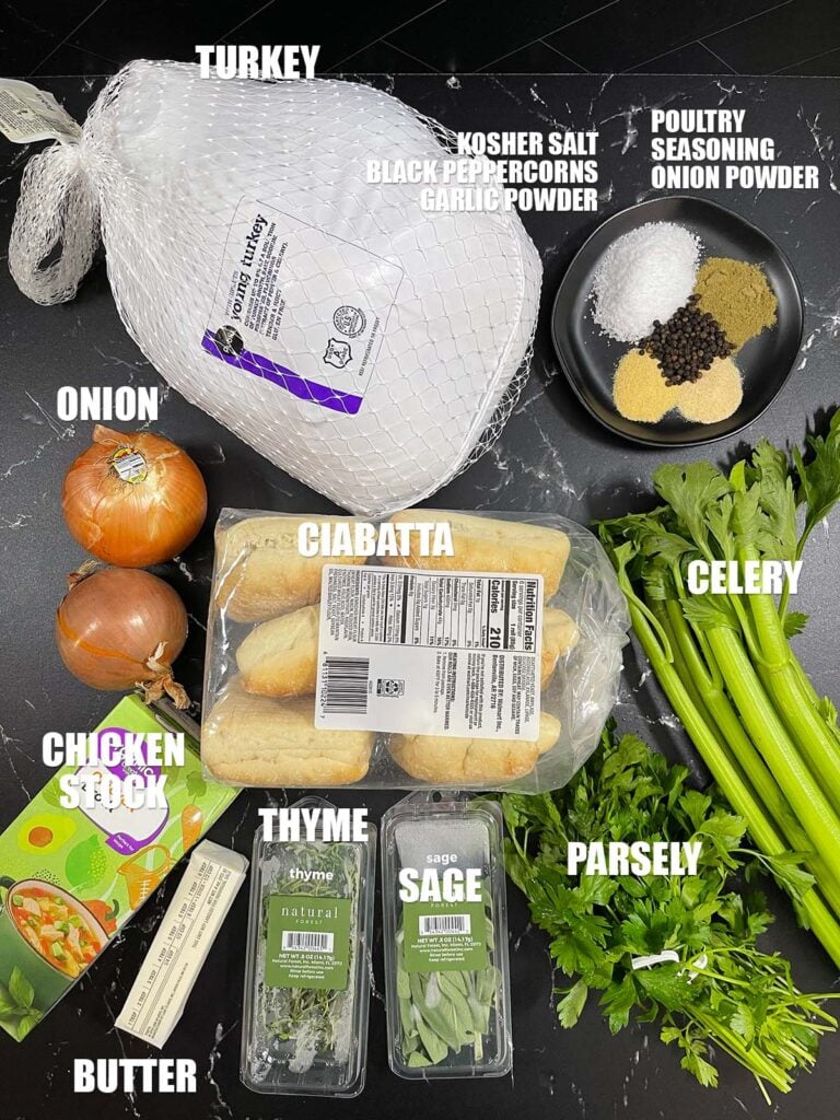 Ingredients needed to make spatchcock turkey with stuffing.