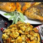 A bowl of stuffing in a dark bowl with a spatchcocked turkey in the background.