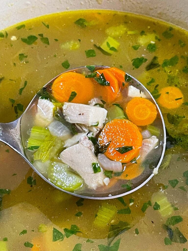 A ladle full of turkey noodle soup lifted above the pot of soup.
